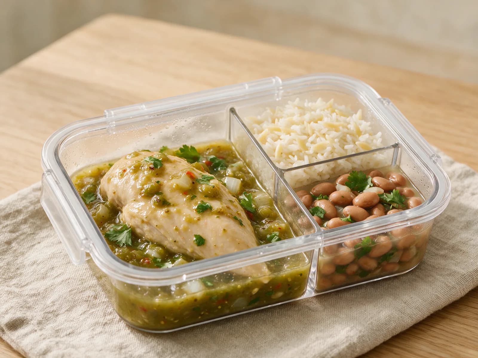 Pollo en salsa verde con arroz y frijol